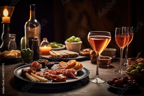 Charcuterie plate with prosciutto, salami, cheese and berries, olives. Aperitif Antipasti Italian table with wine cheese and salumi - Generative AI
