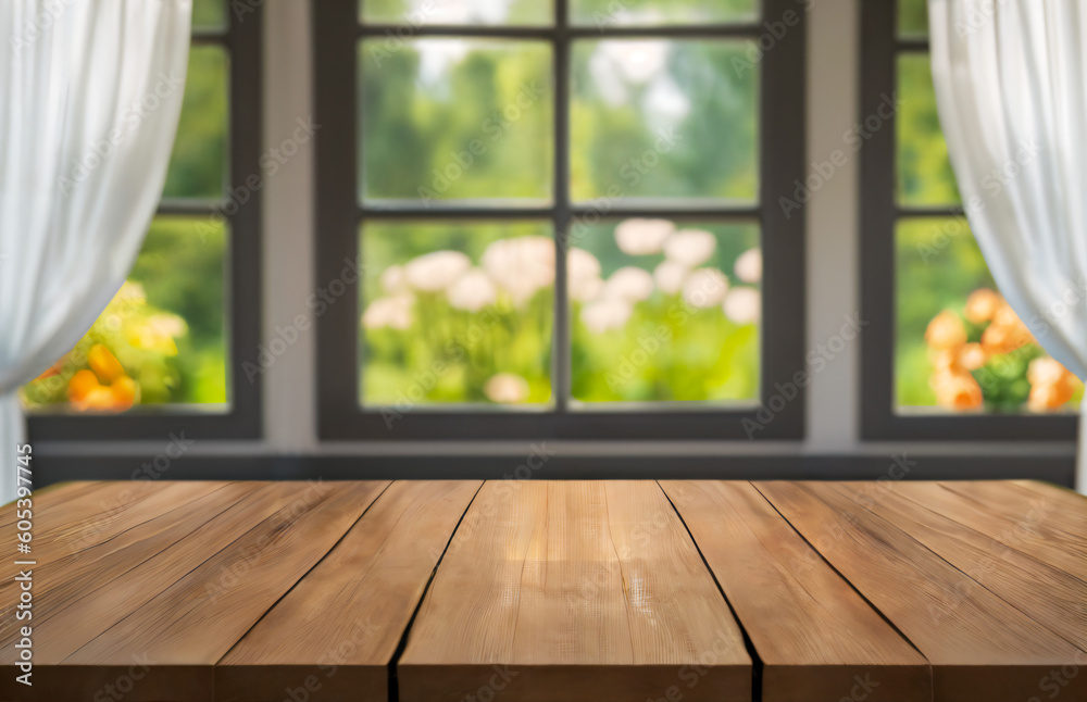 Selective focus, Empty of wood table top on blur of curtain with window and green from garden background. generative ai.