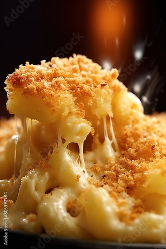 American mac and cheese, macaroni pasta in cheesy sauce detail close up - Generative AI