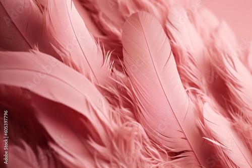 Abstract beautiful soft pink feathers on pink background. AI generated. photo