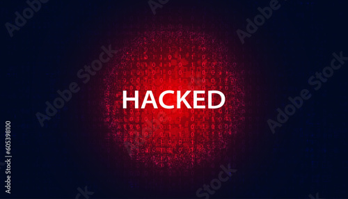 abstract binary signal or are warned hacked by viruses, malware or hackers on a red digital background.