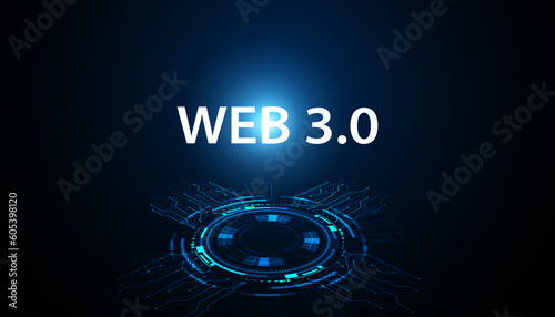 Digital Web 3.0 concept. Semantic Web and AI algorithms analyze, interpret and evaluate data such as DeFi, Crypto, NFT, DApps, Smart Contract or Blockchain on a beautiful blue background.