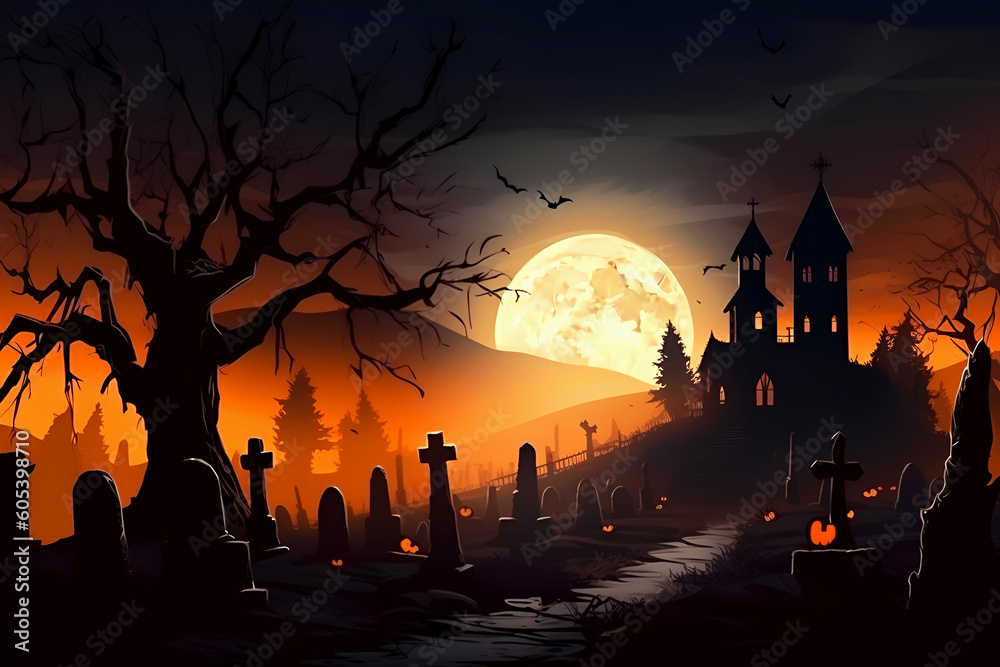 Dark Halloween night. Full, shining moon rises from behind hill, illuminating church and cemetery. Horror and darkness. Generative AI, illustration