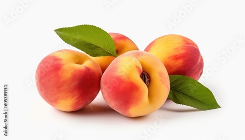 The poster shows fresh peaches on a white background. (Generative AI)