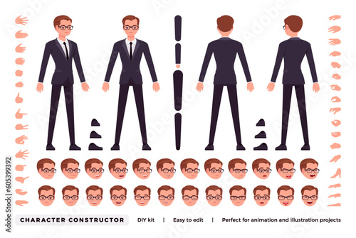 Businessman DIY character constructor. Office man figure parts. Head, leg, hand gestures, female manager different emotions. Vector flat style cartoon construction kit isolated on white background