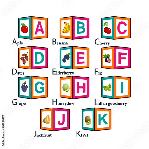 Alphabet Fruit Vector Set. From A to K. Illustration. Education for children, preschool, cute, poster. Hand Drawn