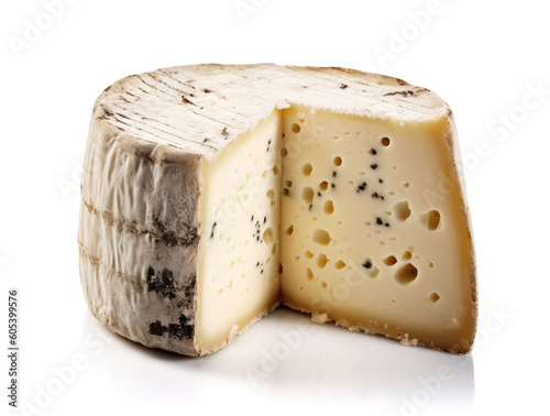 A cut wormy Kasu Marzu cheese, isolated on a white background