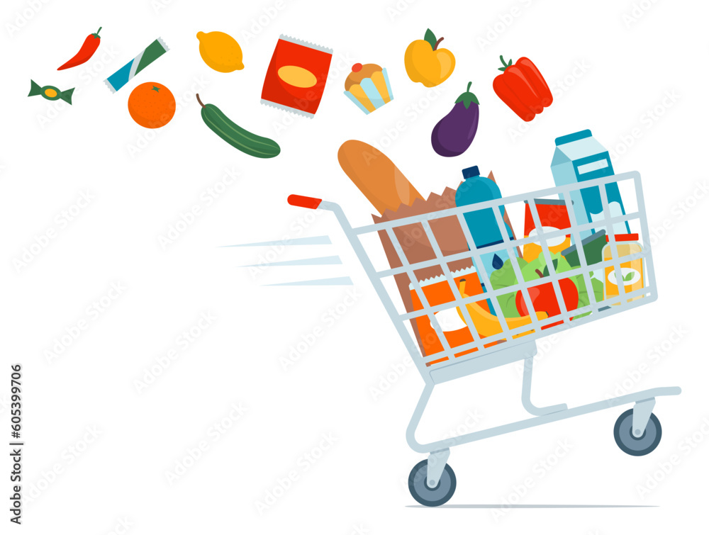 Fast shopping cart full of groceries