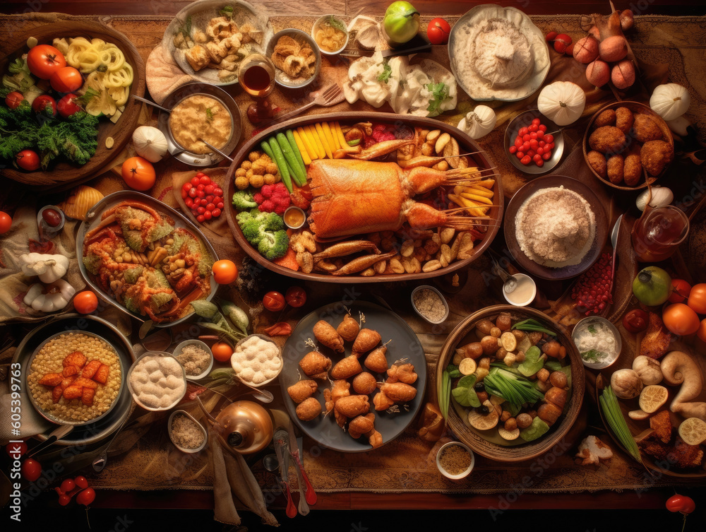 Top view of a banquet with food on a wooden table