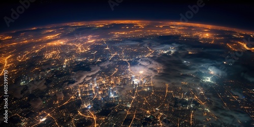 Fototapeta Naklejka Na Ścianę i Meble -  AI Generated. AI Generative. Photo illustration shot from space galaxy of earth planet with night lights. Graphic Art
