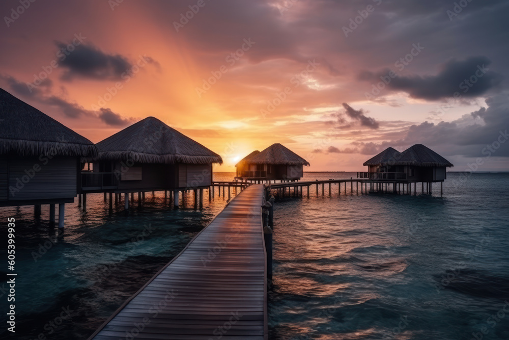 Beautiful sunset over water bungalows with wooden walkway pier. Generative AI.