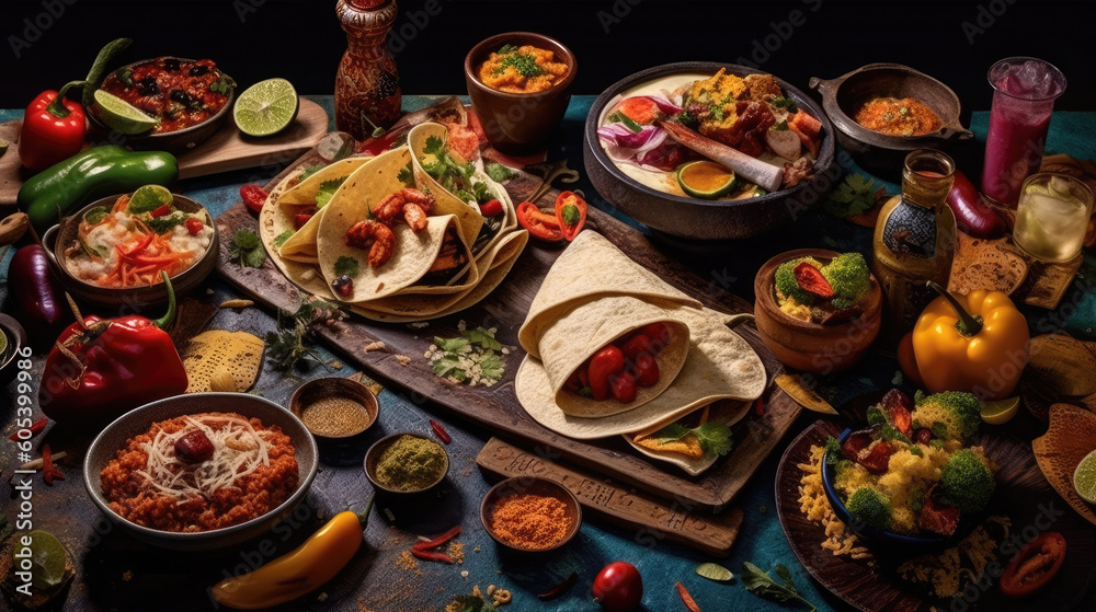 Complete mexican food composition on a wooden table