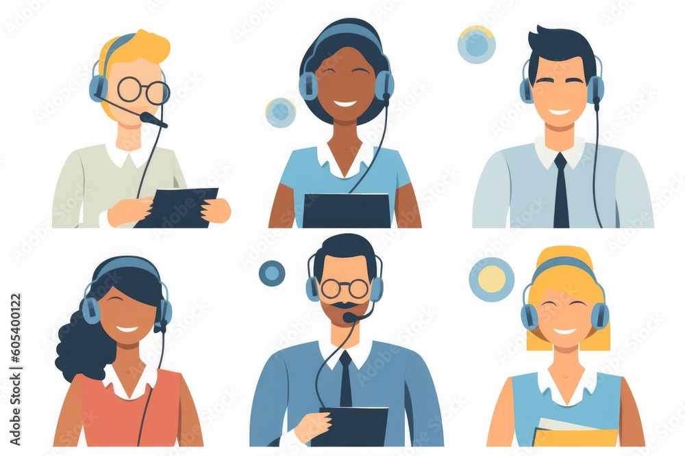 Fototapeta premium Call center. Customer service, hotline operators with headsets. Online technical support 24 h, illustration, Generative AI