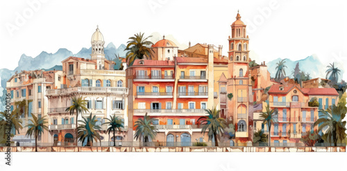 Color illustration of city of Nice architecture isolated on a white background