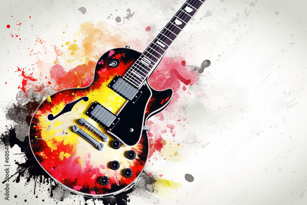 guitar with watercolor splashes of paint.