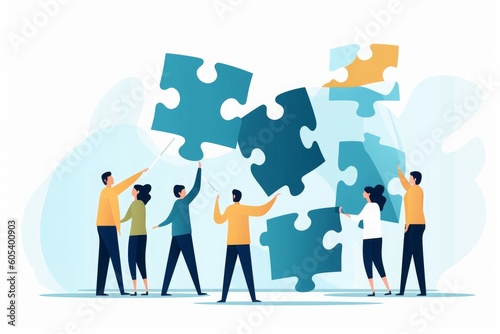Business concept of teamwork, cooperation. People holding puzzle elements. illustration, Generative AI