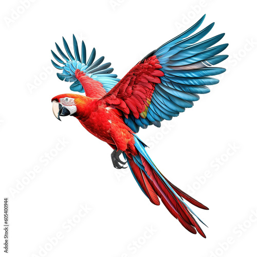 Scarlet macaw parrot flying isolated on transparent background Generative AI