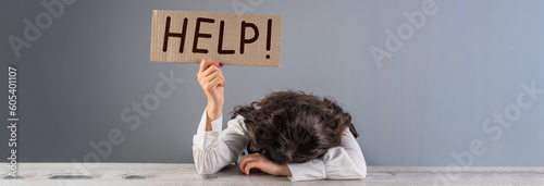 Canvas Print Tired woman holding help inscription