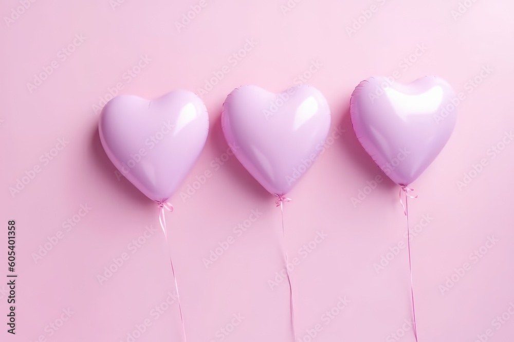 The colorful heart-shaped balloons with pink pastel background. Concept of love in valentine, wedding, brithday.