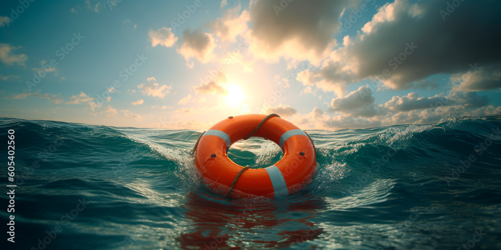 Lifebuoy in a stormy blue sea. - obrazy, fototapety, plakaty 
