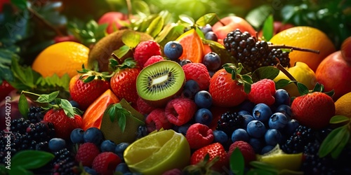 AI Generated. AI Generative. Photo illustration of mix eco organic healthy fruits and berry. Graphic Art
