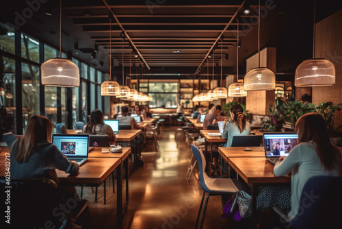 women sit at a table working with laptops in a coffee shop is decorated in bright colors with Generative AI © toonsteb