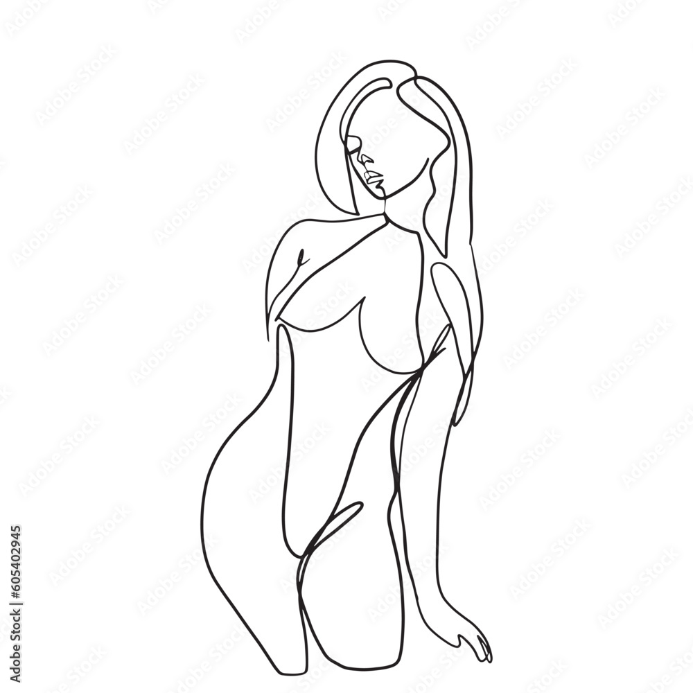 Continuous line, one line, beautiful woman swimwear fashion summer happy hand drawn illustration vector Continuous line, one line, beautiful woman swimwear fashion summer happy hand drawn illustration vector