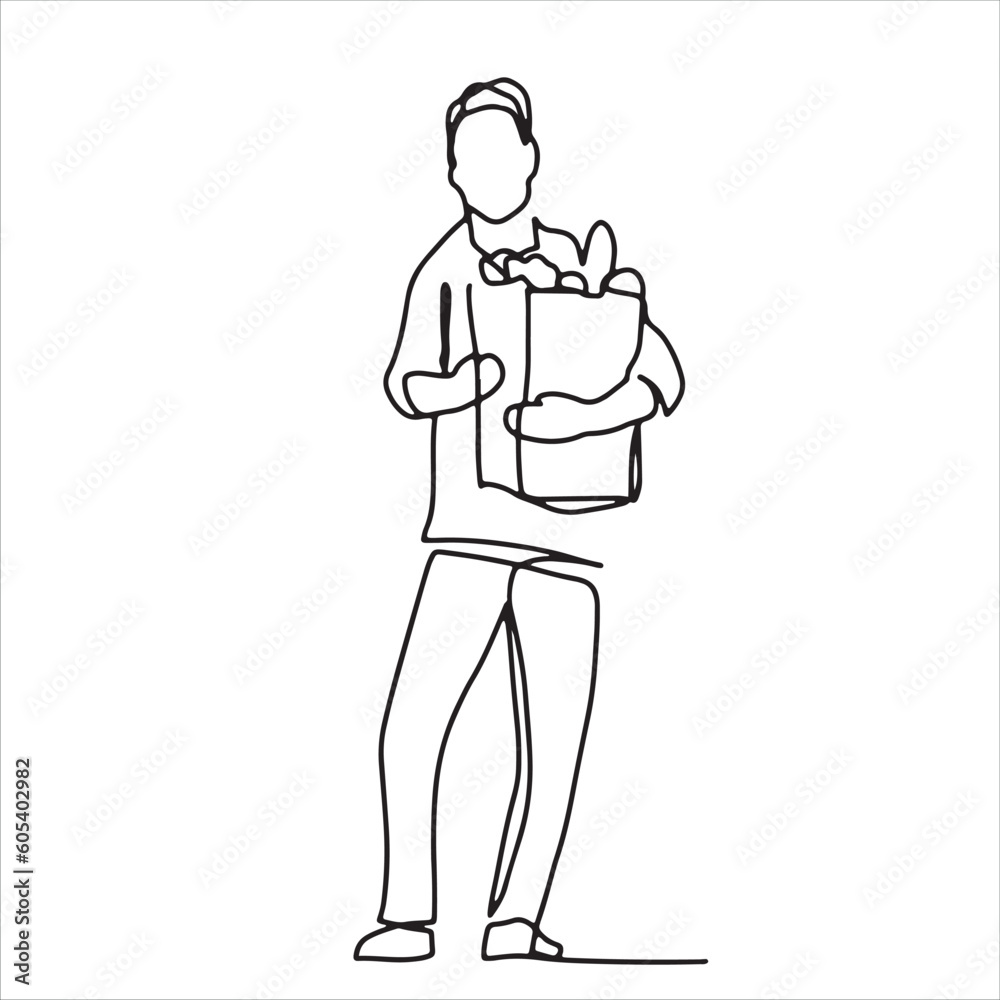 continuous line one line man holding a paper bag to buy fruits and vegetables shopping buy organic happy hand drawn illustration vector