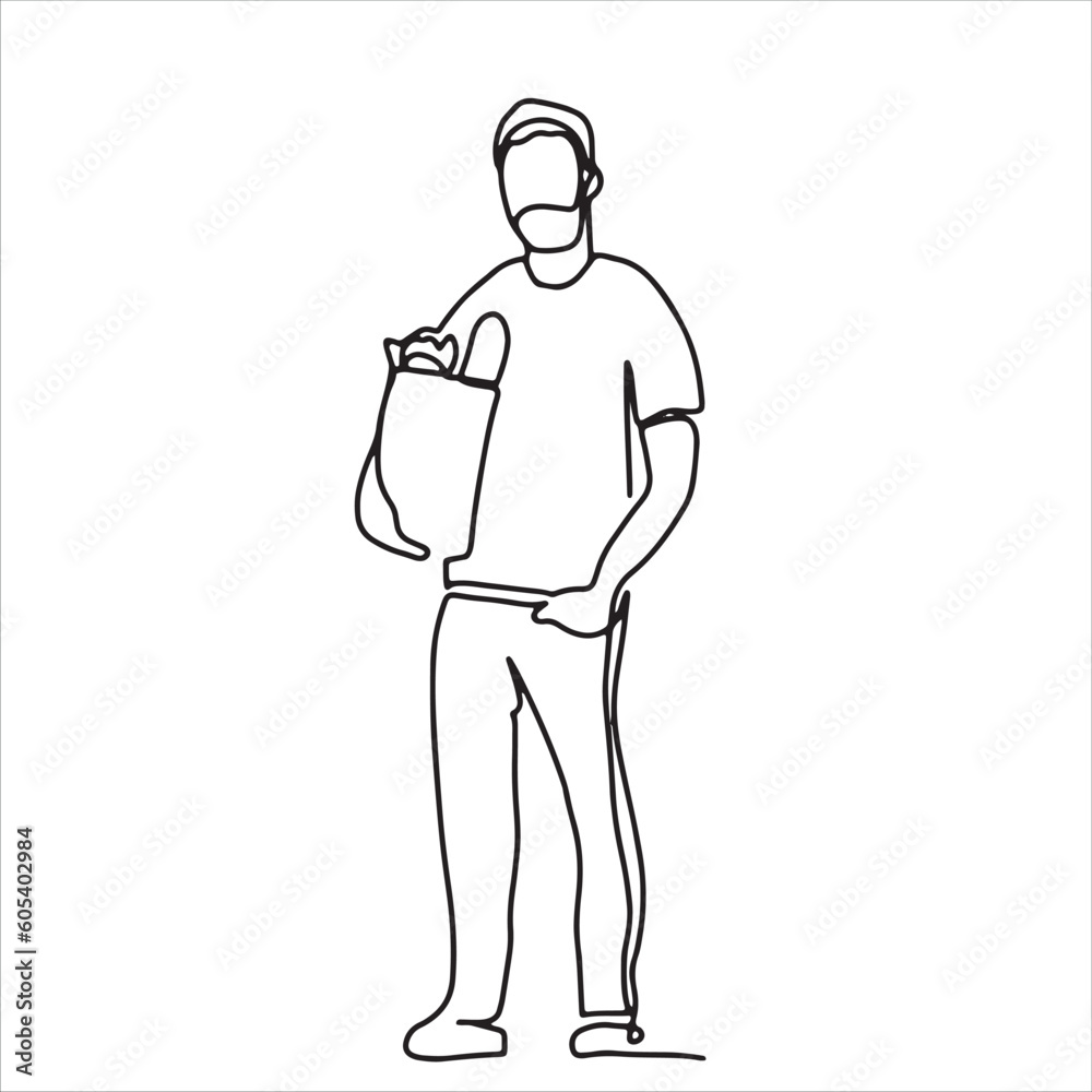 continuous line one line man holding a paper bag to buy fruits and vegetables shopping buy organic happy hand drawn illustration vector continuous line one line man holding a paper bag to buy fruits and vegetables shopping buy organic happy hand drawn illustration vector