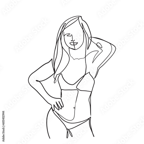 Continuous line, one line, beautiful woman swimwear fashion summer happy hand drawn illustration vector