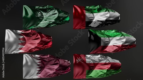 Flags of Gulf Cooperation Council Waving in the wind, GCC National flags, fabric texture, close-up, alpha channel, UAE, Qatar, Saudi Arabia, Kuwait, Bahrain, Oman, loop Animation, 60 fps, 3d render photo