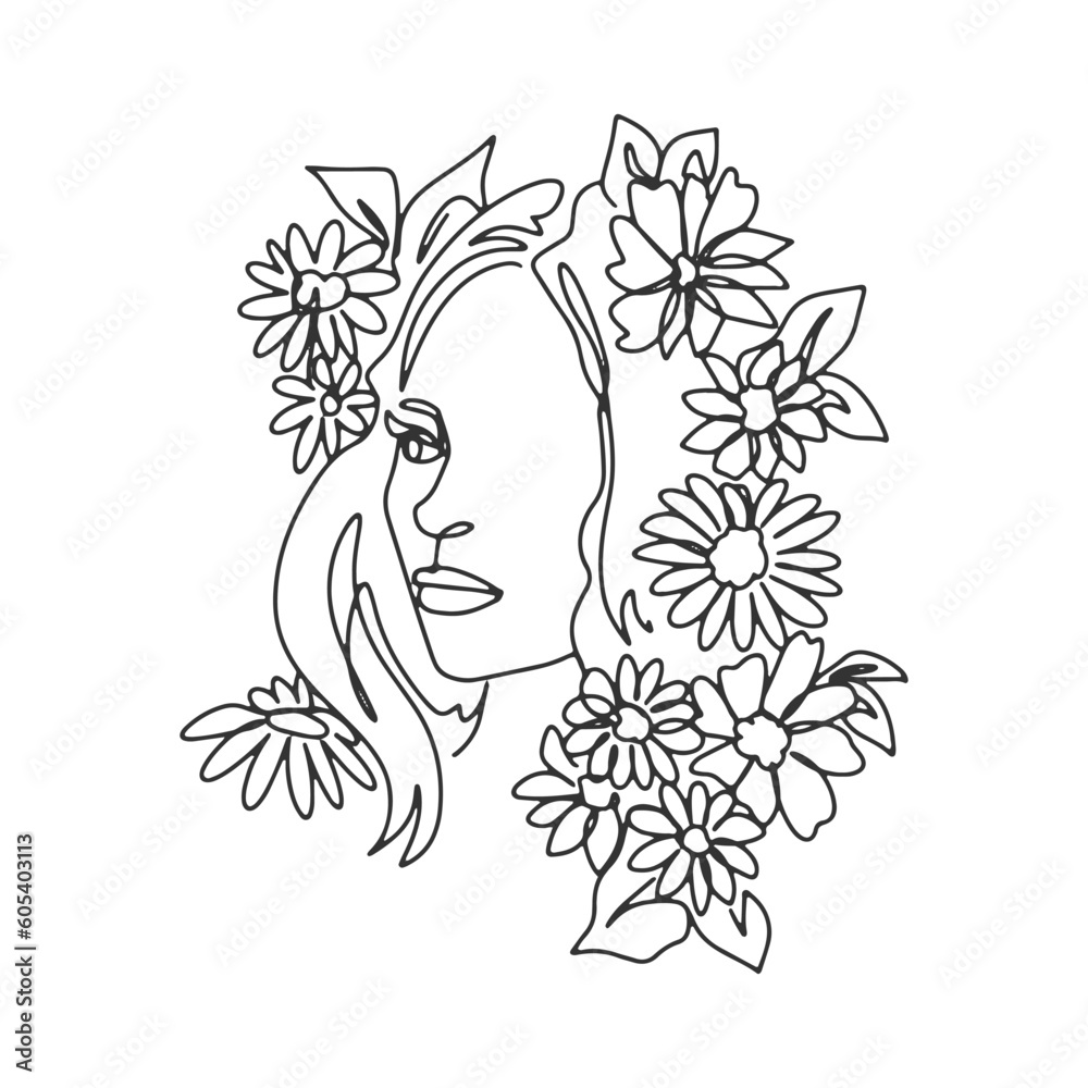 Surreal Faces one line, drawing of set faces and hairstyles, fashion concept, woman's beauty, minimalist, pretty sexy. Contemporary portraits with a positive and surrounded by flowers. Surreal Faces one line, drawing of set faces and hairstyles, fashion concept, woman's beauty, minimalist, pretty sexy. Contemporary portraits with a positive and surrounded by flowers.