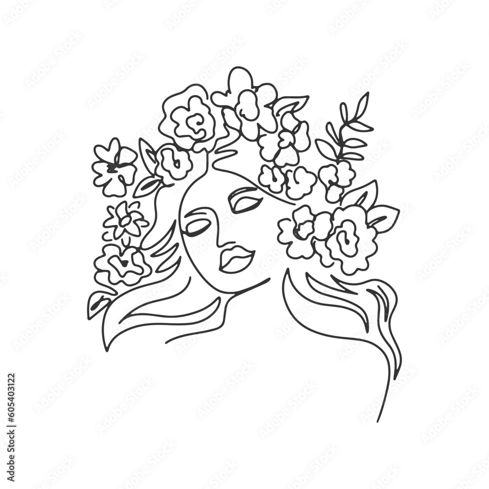 Surreal Faces one line, drawing of set faces and hairstyles, fashion concept, woman's beauty, minimalist, pretty sexy. Contemporary portraits with a positive and surrounded by flowers. Surreal Faces one line, drawing of set faces and hairstyles, fashion concept, woman's beauty, minimalist, pretty sexy. Contemporary portraits with a positive and surrounded by flowers.