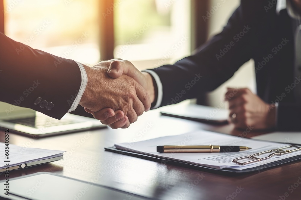 Two business man shaking hand with document at table. Generative AI.