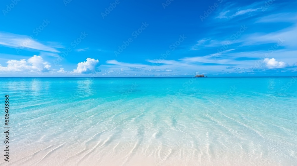 A tranquil beach scene with a crystal clear ocean, white sand and bright blue sky. Generative AI.