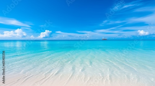 A tranquil beach scene with a crystal clear ocean  white sand and bright blue sky. Generative AI.