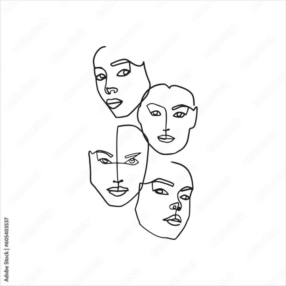 Surreal Faces Continuous line, drawing of set faces and hairstyle, fashion concept, woman beauty minimalist, vector illustration pretty sexy. Contemporary portrait Surreal Faces Continuous line, drawing of set faces and hairstyle, fashion concept, woman beauty minimalist, vector illustration pretty sexy. Contemporary portrait