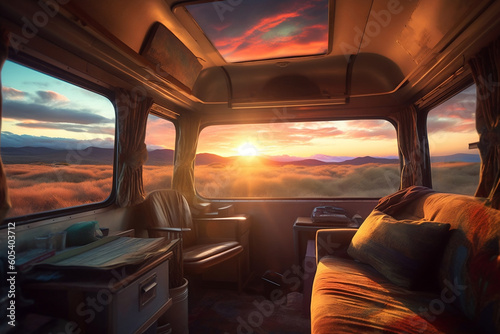 Beautiful sunrise or sunset view on ocean beach from motor home caravan camping car RV. Spending time travelling in recreation vehicle, sustainable freedom nature concept. Generative AI Technology