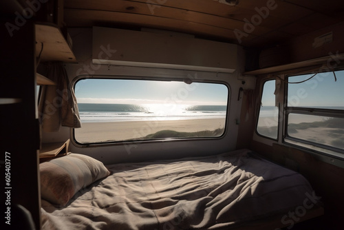 Beautiful sunny morning view on ocean beach from bed on motor home caravan camping car RV with view on the water. Spending time travelling in recreation vehicle, sustainable freedom nature concept. 