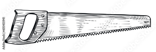 Hand drawn sketch of handsaw. Woodworking tool. Detailed vintage etching style drawing. Saw vector illustration
