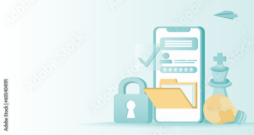 Safety and security technology concept. Online data, access to account, backup data, firewall, sensitive information, protect personal detail, strong password. Vector illustration with copy space.