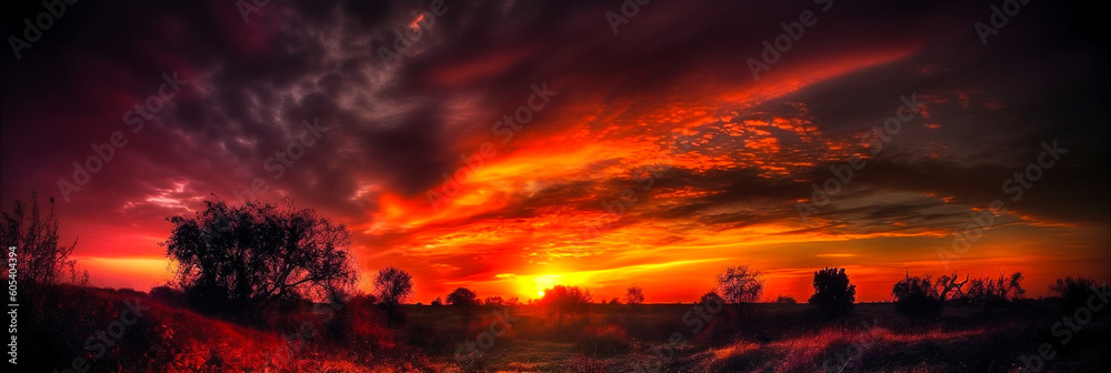 Beautiful vibrant colour sunset sky. Breathtaking beauty of a colorful and radiant sunset sky. AI generated.