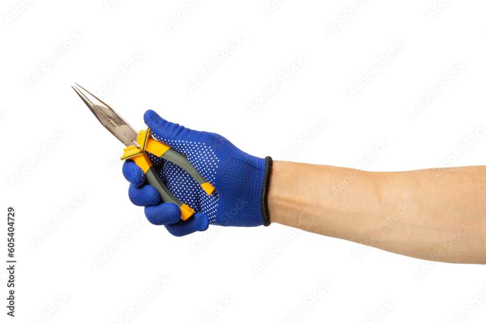 Electrician. Electrician's hand with tools isolated on white background. Electrician's tool. workforce. Long nose pliers in hand. Electrician. Electrician's hand with tools isolated on white background. Electrician's tool. workforce. Long nose pliers in hand.