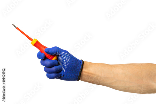 Electrician. Electrician's hand with tools isolated on white background. Electrician's tool. workforce. Red screwdriver in the hands of a man.