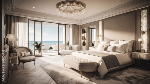 Luxurious master bedroom with king-size bed and ocean view through window. AI generated.