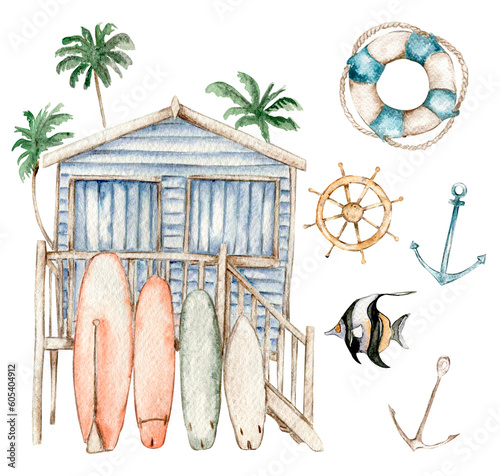 watercolor set of seashells, seahorse, starfish, bubbles on an isolated white background, hand drawing, summer sea clipart