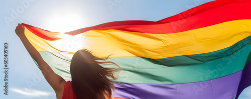 Girl holding rainbow flag. Concept of LGBT pride. AI generated