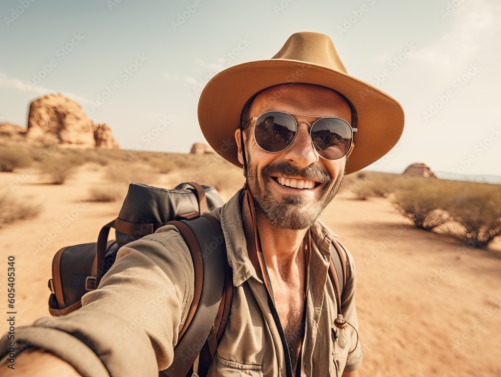 Sommerlicher Selfie. Glücklicher Wanderer mit Hut und Sonnenbrille auf Reise in Afrika, generative AI.