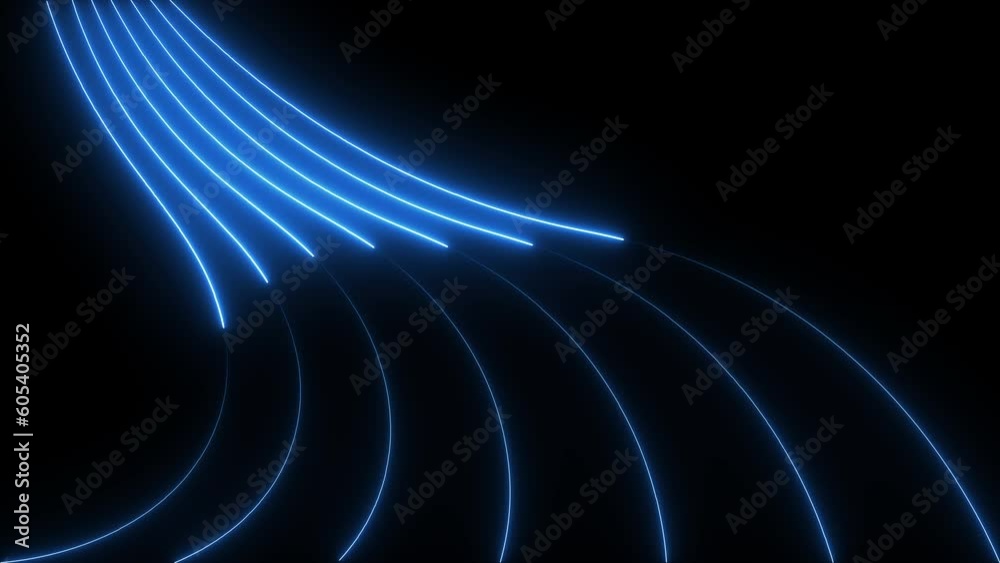 Bright neon blue curve lines moving on black background. Seamless looping animation
