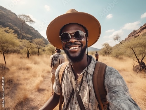 Sommerlicher Selfie. Glücklicher Wanderer mit Hut und Sonnenbrille auf Reise in Afrika, generative AI.